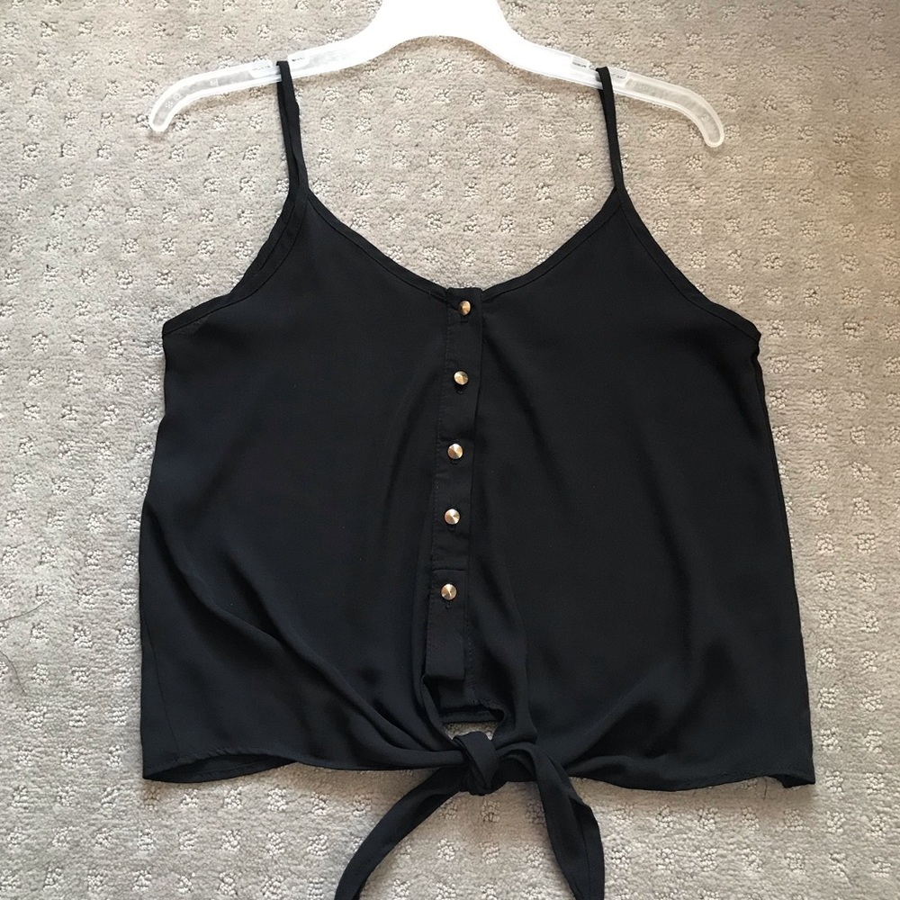 Black tank top, gold buttons and tie front detail
